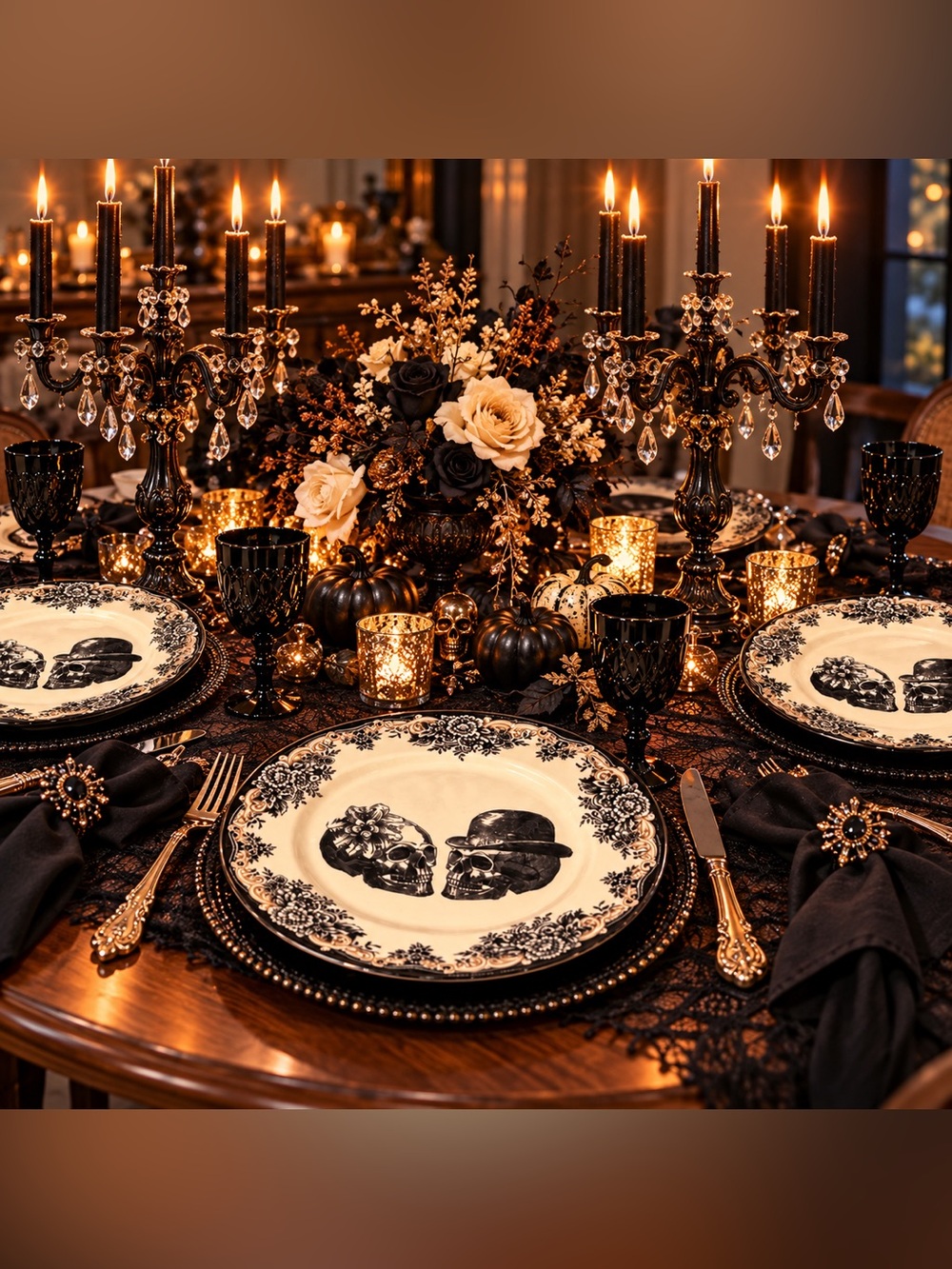 Royal Stafford Black and Cream Skeleton Couple Dinner Plates Set of 2